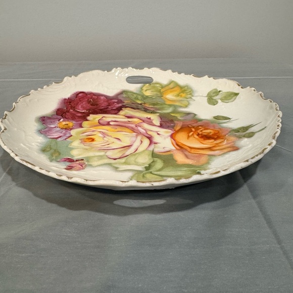 Antique Hand Painted Floral Porcelain Serving Tray w Handles | Gold Gilt - Picture 3 of 6
